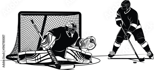 Dynamic ice hockey goalie defending net, offensive skater preparing shot, intense sports action illustration, competitive game moment, professional equipment, Bauer gear branding
