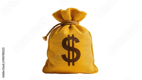 Yellow burlap money bag with dark brown dollar sign, isolated on transparent background