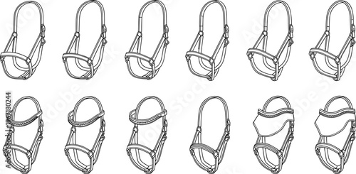 Horse bridle and halter line art set, equestrian headgear collection featuring leather straps, nosebands and buckles, professional horse riding equipment isolated on white background