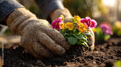 Adult hands wearing gardening gloves planting colorful flowers in rich soil outdoors during golden hour Concept of gardening, growth, and nature