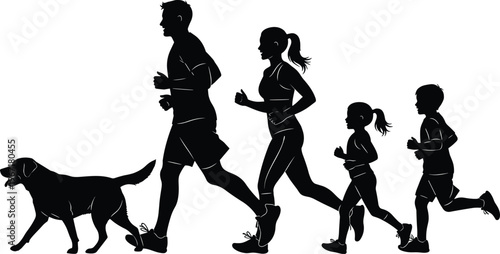 Silhouette of father mother two children and dog jogging together on white background representing active family lifestyle and outdoor fitness