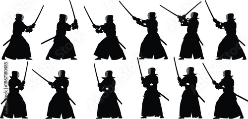 Kendo fighter silhouettes set, Japanese martial arts athletes in traditional bogu armor with shinai bamboo swords, practicing combat stances and strikes isolated on white background