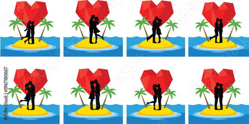 Romantic couple silhouette on tropical island set, lovers kissing under red heart with palm trees in ocean, summer honeymoon vacation and valentines day concept