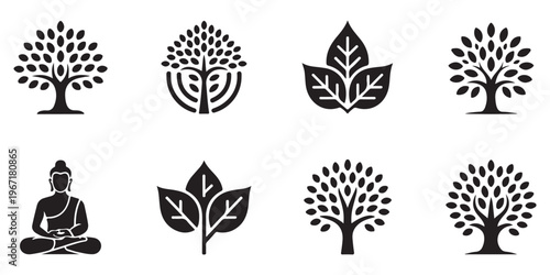 Set of Buddha and Sacred Tree Silhouettes - Spiritual Icons Representing Meditation, Nature, and Enlightenment