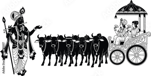 Detailed black and white illustration of Lord Krishna with flute, six oxen, and ornate royal chariot, symbolizing Indian mythology, cultural heritage, divine art, and traditional design concept