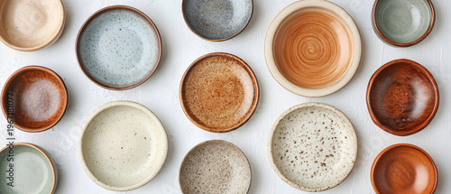 A variety of colourful hand-crafted ceramic bowls and plates are arranged on a white surface, showcasing the craftsmanship and providing an atmospheric backdrop 