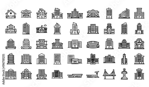 Architecture and building line icons collection with residential commercial and landmark structures vector