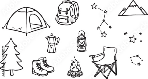 Camping icons and travel accessories