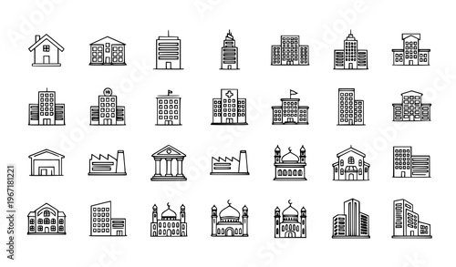 Building line icon set with architecture house skyscraper and city structures editable stroke vector