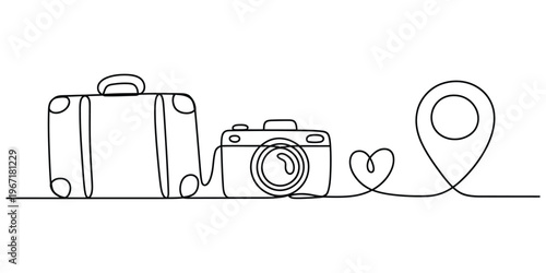 Continuous Line Art Travel Concept with Suitcase, Camera, and Location Pin