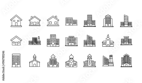 Minimal building outline icon set with houses apartments and urban architecture symbols vector