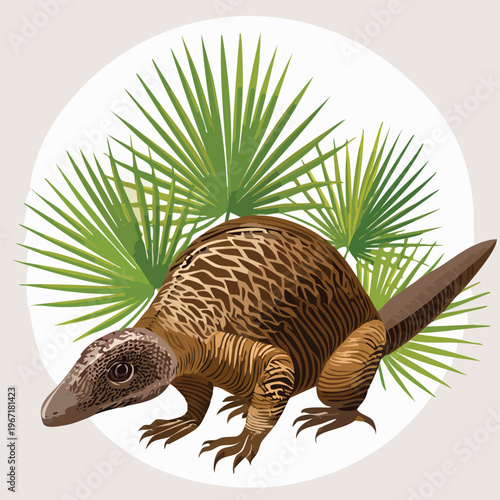 Stylized illustration of an ancient reptile with palm fronds composition