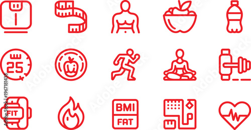 Set of health fitness and wellness lifestyle icons on transparent background