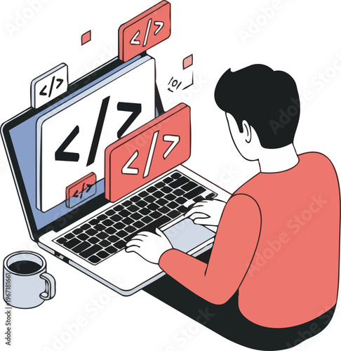 Isometric Software Developer Working on Laptop with Floating Code Symbols