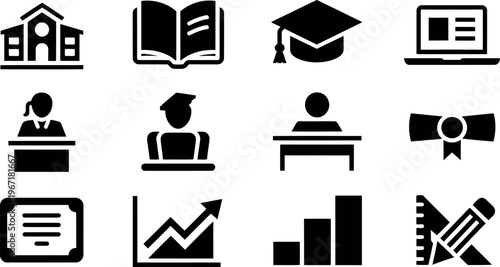 Set of educational and academic icons featuring school and graduation symbols