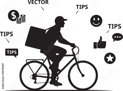 Black silhouette of delivery man on bicycle with tips
