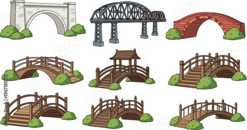 Illustration of nine diverse bridges including stone arch, steel truss, red brick, and wooden designs with decorative railings, representing architectural variety, 