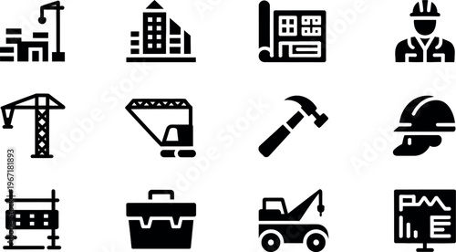 Set of construction industry icons featuring tools and equipment isolated on transparent background