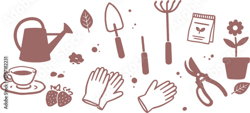 Gardening tools and accessories on white background