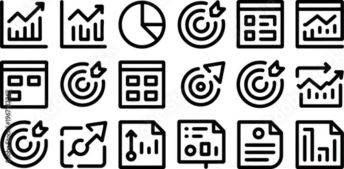 Collection of various business analytics and data tracking icons on transparent background