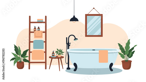 Relaxing bathroom interior scene with a classic clawfoot tub, wooden storage ladder, and lush green potted plants.