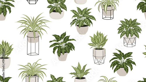 Seamless pattern featuring a variety of green indoor houseplants in decorative ceramic pots and minimalist wire stands.