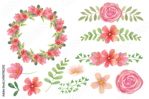 Watercolor floral set with garlands and wreaths. Hand drawn botanical illustration. Arrangement of red flowers and green plants is perfect for invitations and weddings.