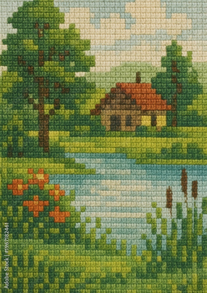 Fototapeta premium Pixelated serene landscape design.
