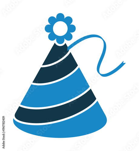 Blue vector of a conical party hat with a flower and ribbon detailing
