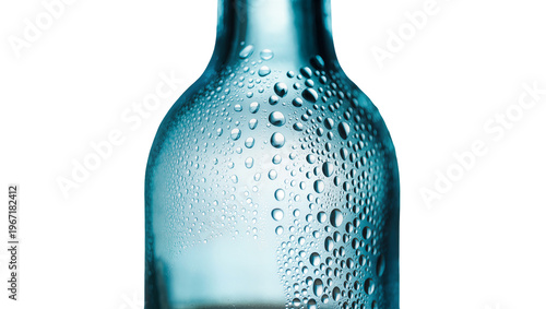 Clear glass bottle covered in condensation droplets, isolated on transparent background