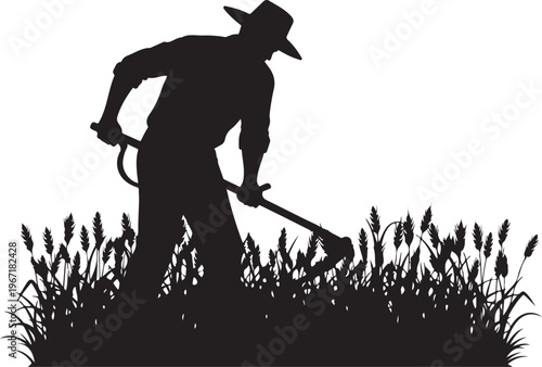 Black silhouette of man in hat using weed whacker in tall grass