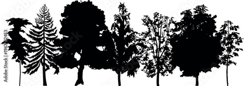 Black forest tree line silhouettes landscape isolated on white background, various deciduous and coniferous trees