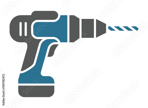 Detailed vector of a blue and grey cordless electric drill with drill bit