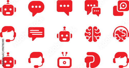 Collection of red icons representing communication and artificial intelligence technology concepts