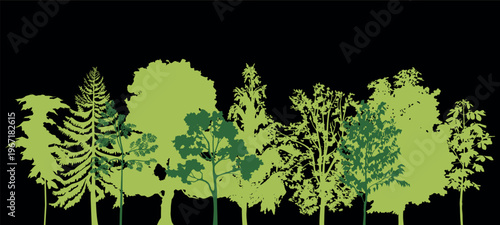 Forest tree line landscape on black background, green silhouettes of various deciduous and coniferous trees