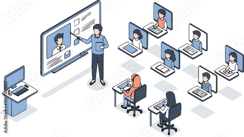 Isometric Hybrid Classroom Illustration with Teacher and Remote Students for E-Learning and Online Education