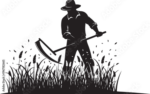 Black silhouette of man with scythe in tall grass