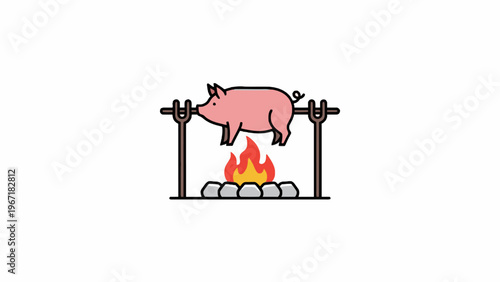 Roasted Whole Pig on Spit over Fire Barbecue Illustration