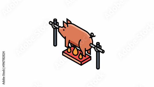 Isometric pig roast on spit rotisserie isolated on white