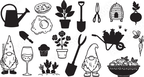Gardening tools and gnomes with plants and food