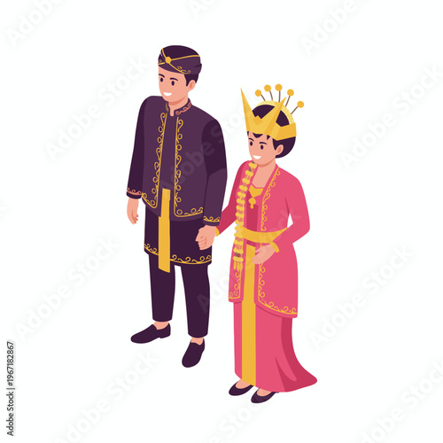 Javanese Bride and Groom in Traditional Indonesian Attire Isometric