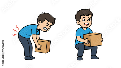 Correct and incorrect lifting posture for heavy boxes illustration