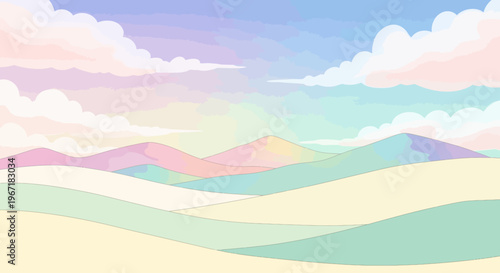 A serene and enchanting pastel landscape illustration with soft, rolling hills under a dreamy, colorful sky, evoking a sense of calm and tranquility