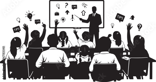 Black silhouette of students raising hands in classroom with teacher at whiteboard