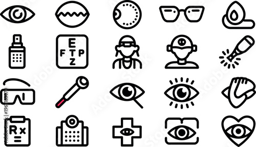 Collection of eye care and vision related medical icons isolated on transparent background