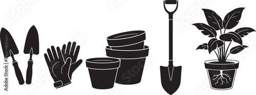 Gardening tools and plant pots on white background