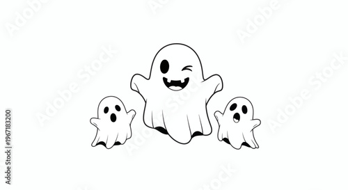 Three cute cartoon ghosts winking and smiling on a white background