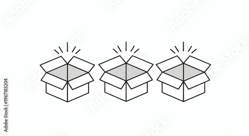 Three open boxes with radiating lines suggesting new ideas, innovation, or product reveals