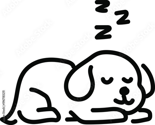 Sleeping dog cute peaceful black and white outline vector illustration for pet care websites.