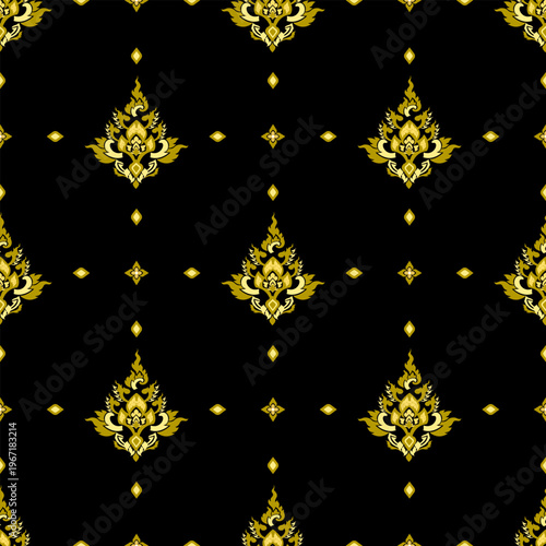 Thai art pattern.
Native Thai ethnic pattern, seamless design, painted with gold, yellow, and red colors on a black background. Suitable for wallpaper, walls, temple wallpaper, carpets, and clothing.